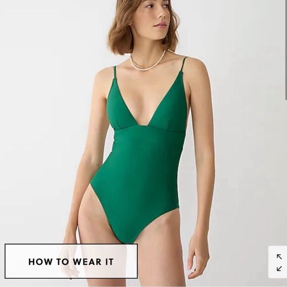 NWT J. Crew Plunge Deep V French One-Piece Swimsuit Jungle Green- Size 16 - Picture 1 of 11